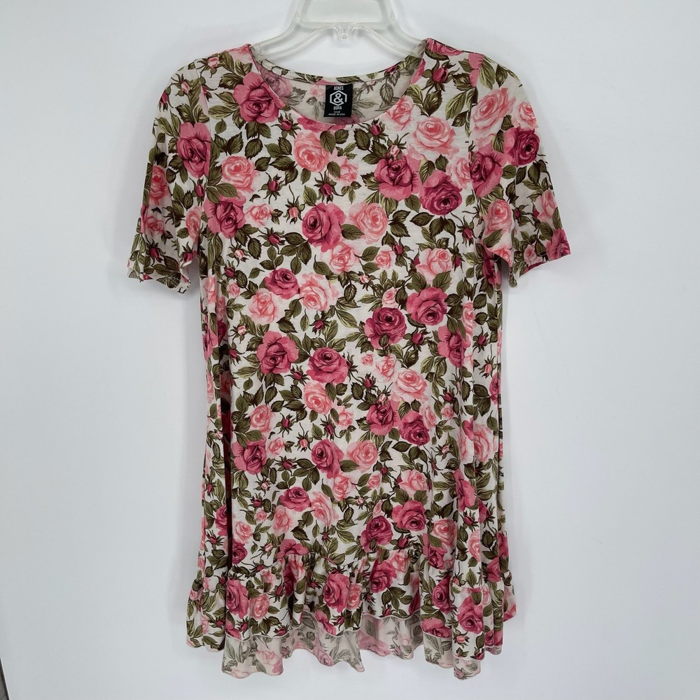 Agnes & Dora Women's Pink Floral Short Sleeve Ruffle Hem Tunic Mini Dress Size S